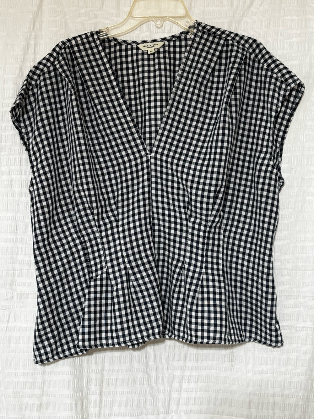 Max Studio Gingham Blouse Cottage Peasant Preppy Navy & White Sz 2X